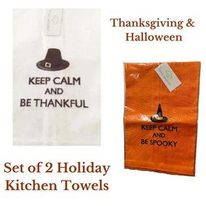 Set of 2 Holiday Kitchen Towels Linens Embroidered Cotton Thanksgiving Halloween